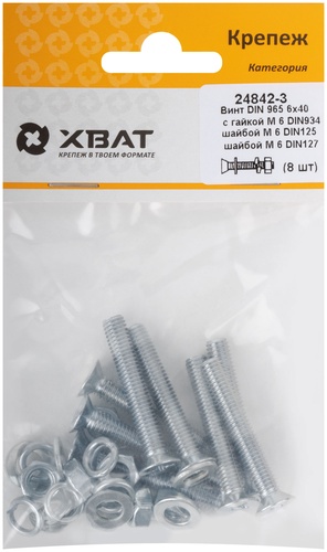 Комплект: Винт DIN965 6х40,  с гайкой М6 DIN934, шайбой М 6 DIN125, шайбой М 6 DIN127  (фасовка 8шт.
