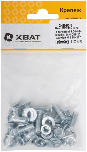 Комплект: Винт DIN965 6х20,  с гайкой М6 DIN934, шайбой М 6 DIN125, шайбой М 6 DIN127  (фасовка 12шт